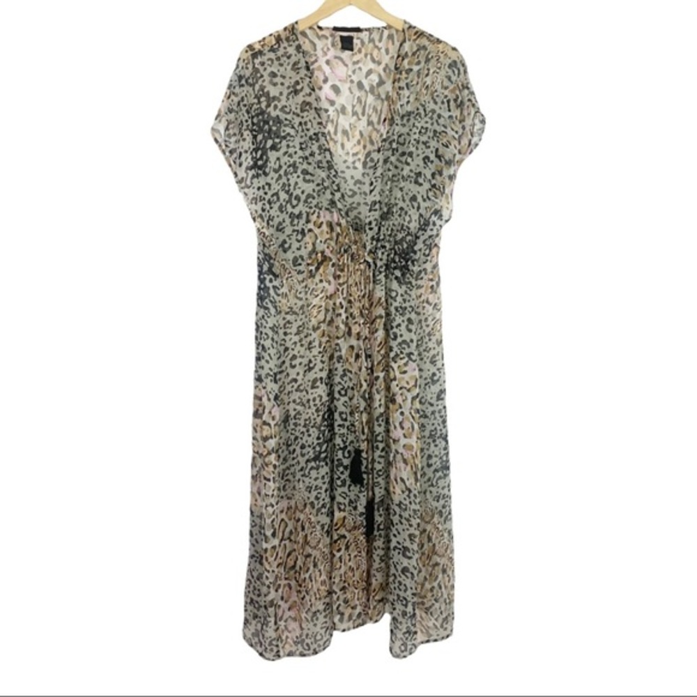 Steve Madden Leopard Print Flowy Tassel Tie Front Swim Suit Beach Coverup